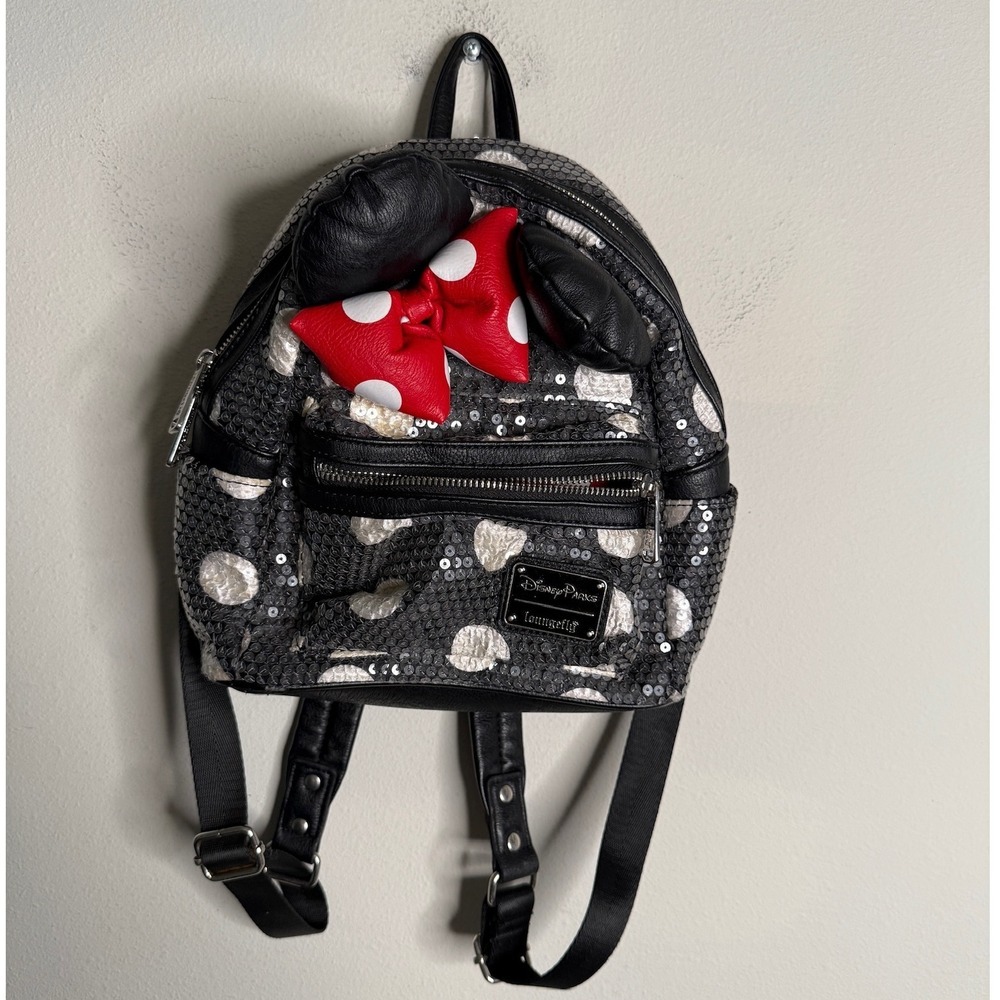 Disney Parks Loungefly Black Minnie Mouse Sequin Mini Backpack Polka Dot Travel‎ - Picture 2 of 5